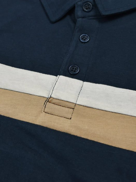 Summer Polo Shirt For Men-Dark Navy With White & Brown Stripe-RT2332
