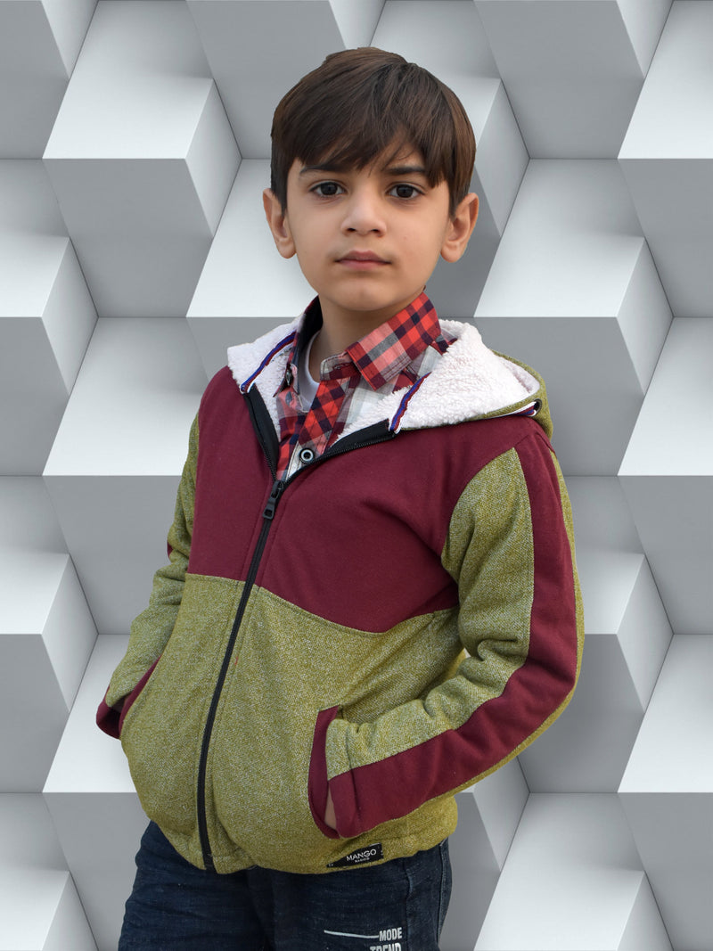 Mango Stylish Inner Fur Zipper Hoodie For Kids-Green Melange & Burgundy-NA13914
