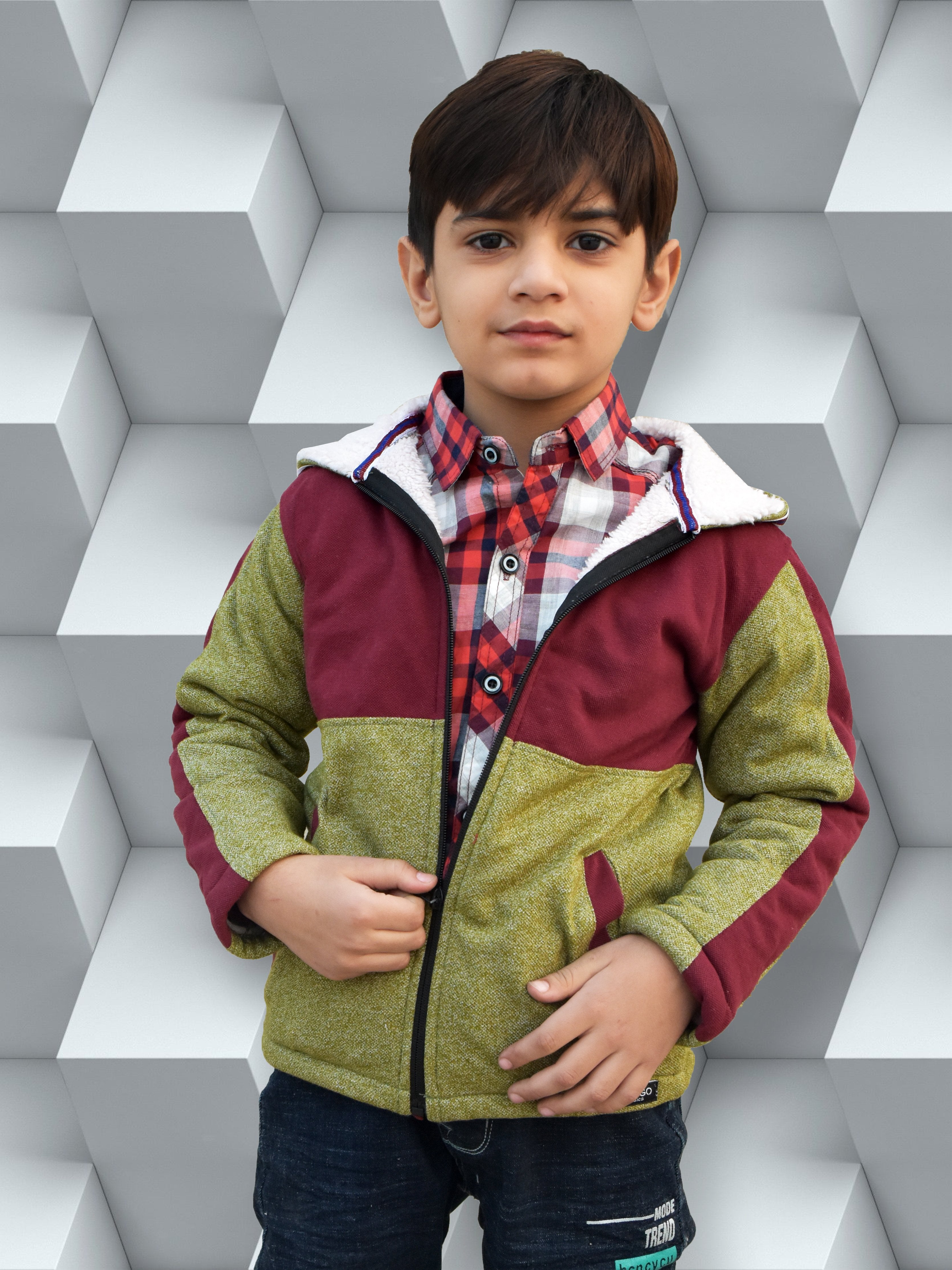 Mango Stylish Inner Fur Zipper Hoodie For Kids-Green Melange & Burgundy-NA13914