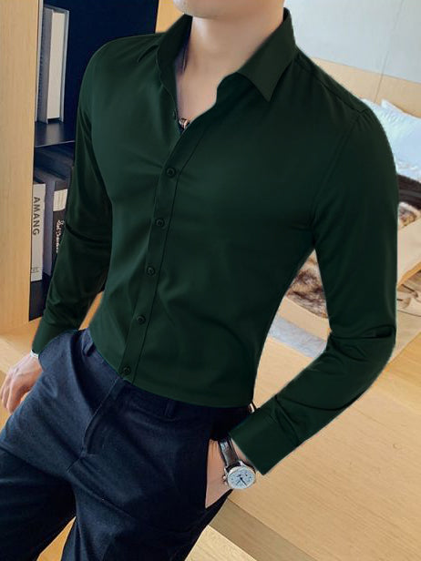 Oxen Nexoluce Super Stretchy Slim Fit Lycra Casual Shirt For Men-Dark Green-RT1698