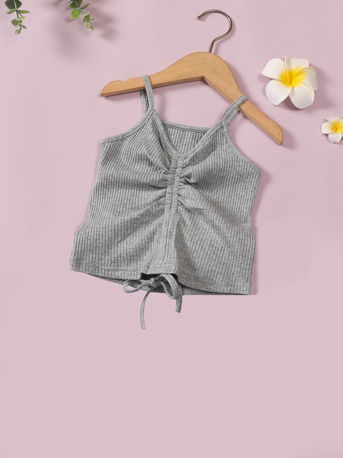 Next Summer Ribbed Spaghetti Strap V-Neck Drawstring Vest For Girls-Grey-RT724