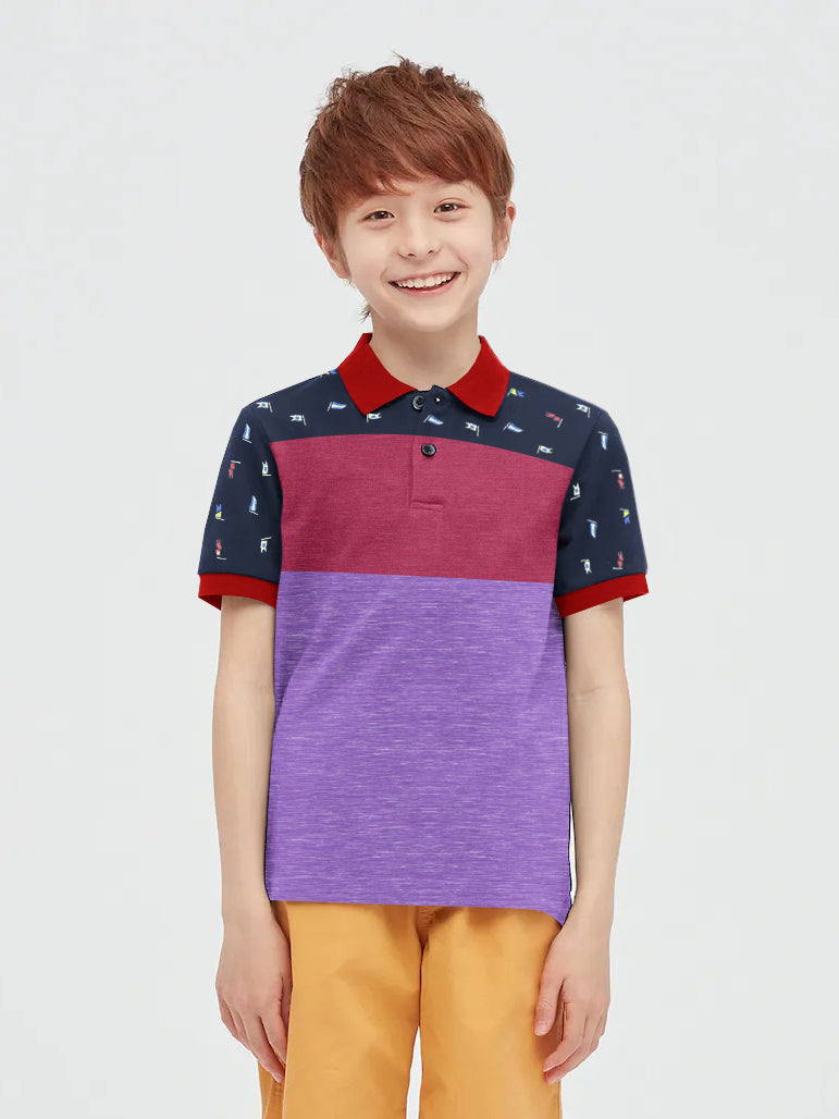 HB Summer P.Q Polo Shirt For Kids-Purple Melange With Multi Panel-RT281