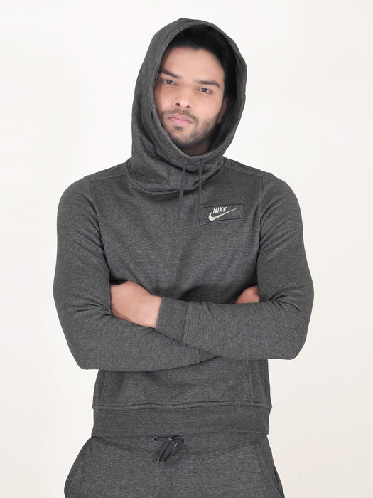 NK Fleece Funnel Neck Pullover Hoodie For Men-Charcoal Melange-SP4092