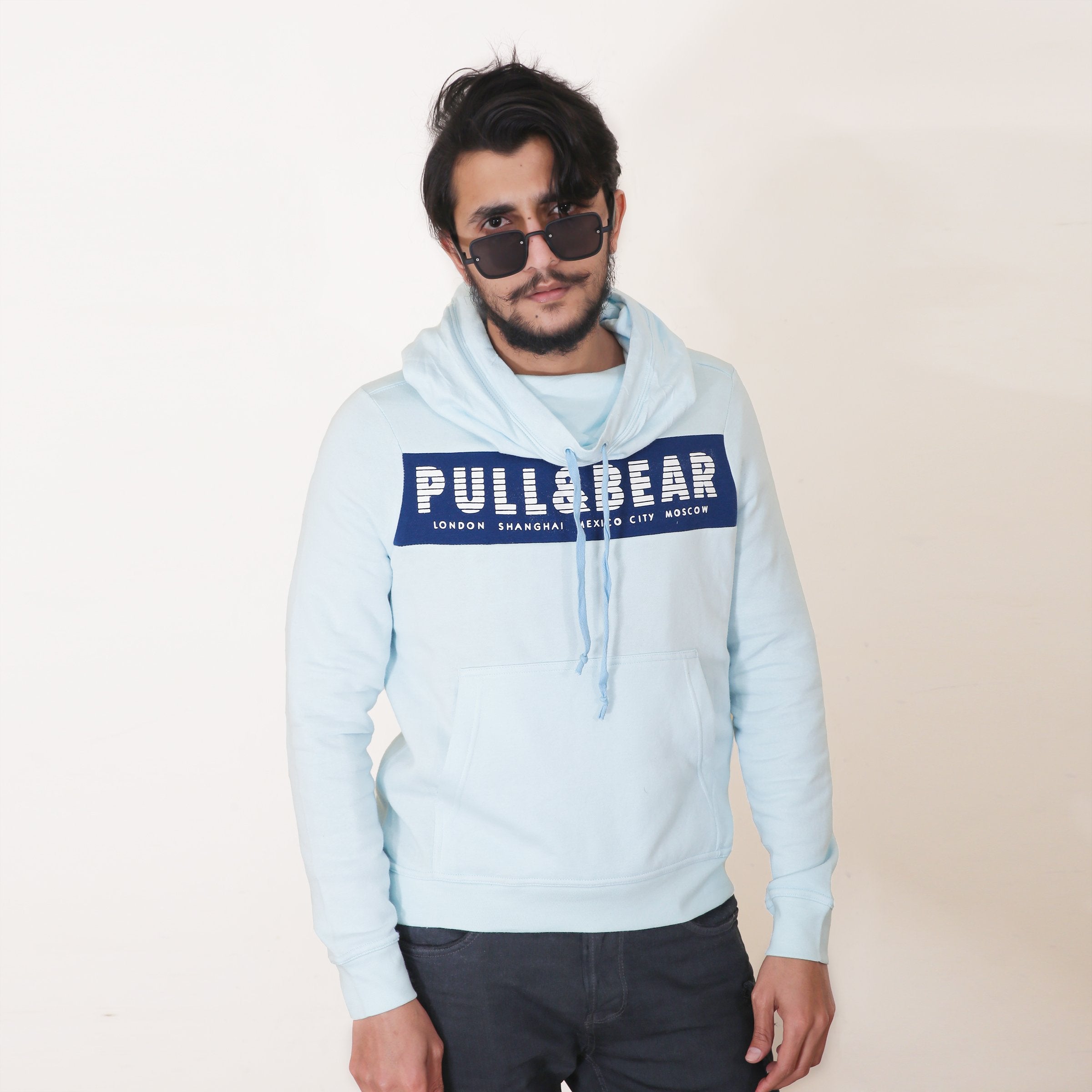 P&B Fleece Pullover Hoodie For Men-Light Sky with Navy Panel-BE13264