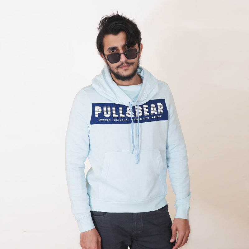P&B Fleece Pullover Hoodie For Men-Light Sky with Navy Panel-BE13264