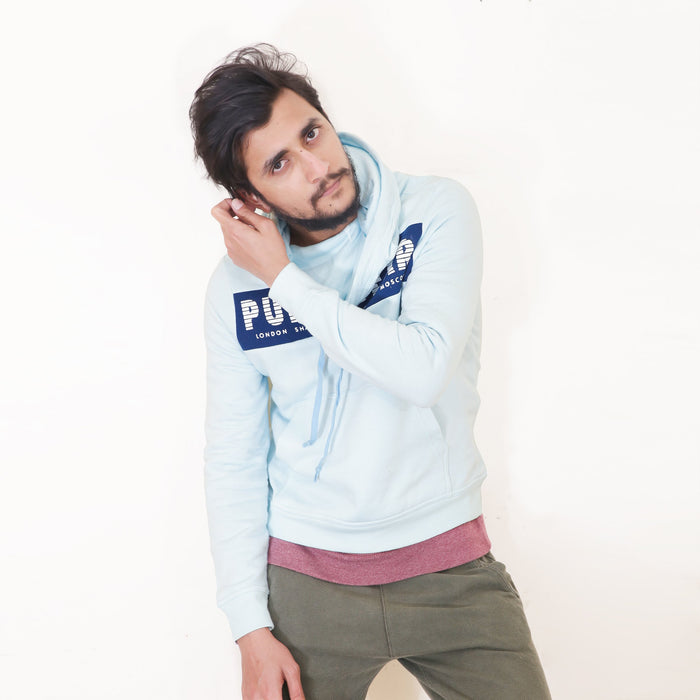 P&B Fleece Pullover Hoodie For Men-Light Sky with Navy Panel-BE13264
