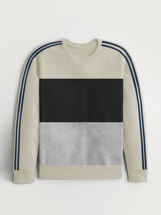Premium Quality Crew Neck Fleece Sweatshirt For Men-Light Cream With Navy Stripes-RT1777