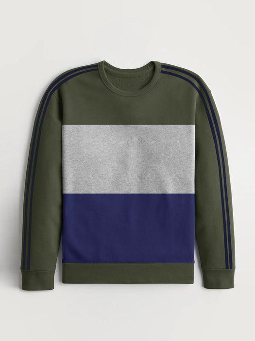 Premium Quality Crew Neck Fleece Sweatshirt For Men-Olive Green With Navy Stripes-RT1553