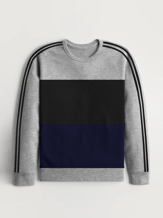 Premium Quality Crew Neck Fleece Sweatshirt For Men-Grey Melange With Black Stripes-RT1774