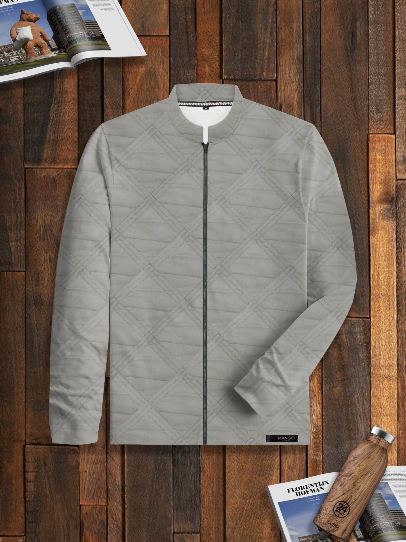 Mango Quilted Zipper Mock Neck Jacket For Kids-Grey-NA13218