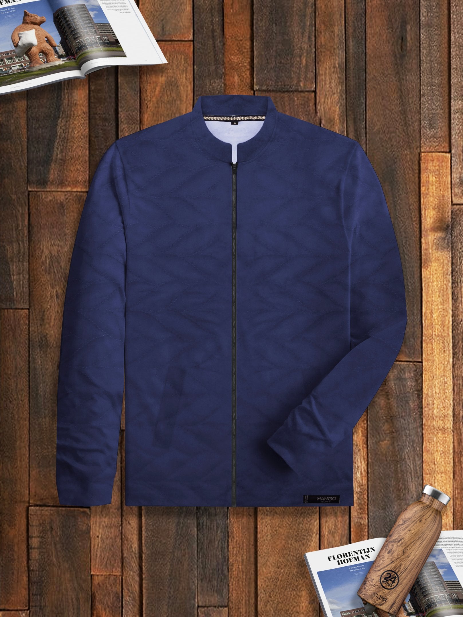 Mango Quilted Zipper Mock Neck Jacket For Kids-Dark Blue-NA13216