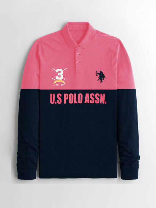 U.S.P.A Long Sleeve Polo Shirt For Men-Pink & Navy-BE16870