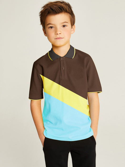 Summer Panel Polo Shirt For Kids-Sky Blue with Yellow & Brown-RT2410
