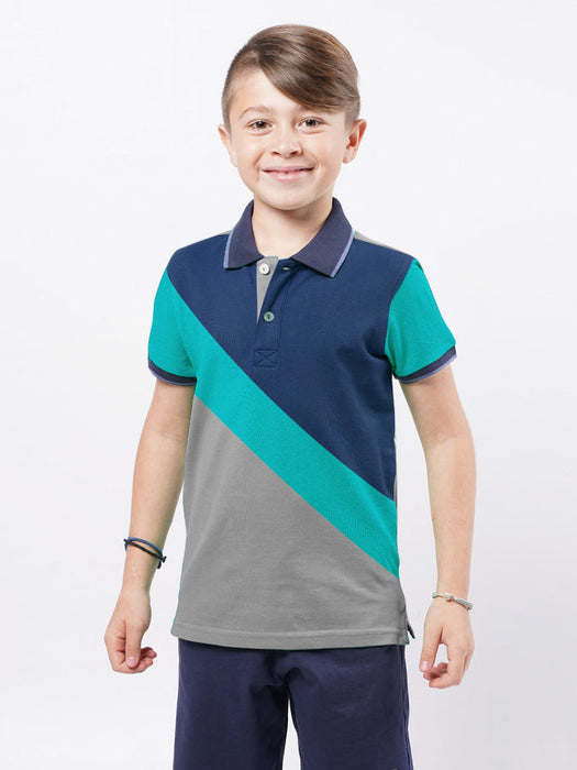 Champion Single Jersey Polo Shirt For Kids-Grey Cyan & Blue-RT2414