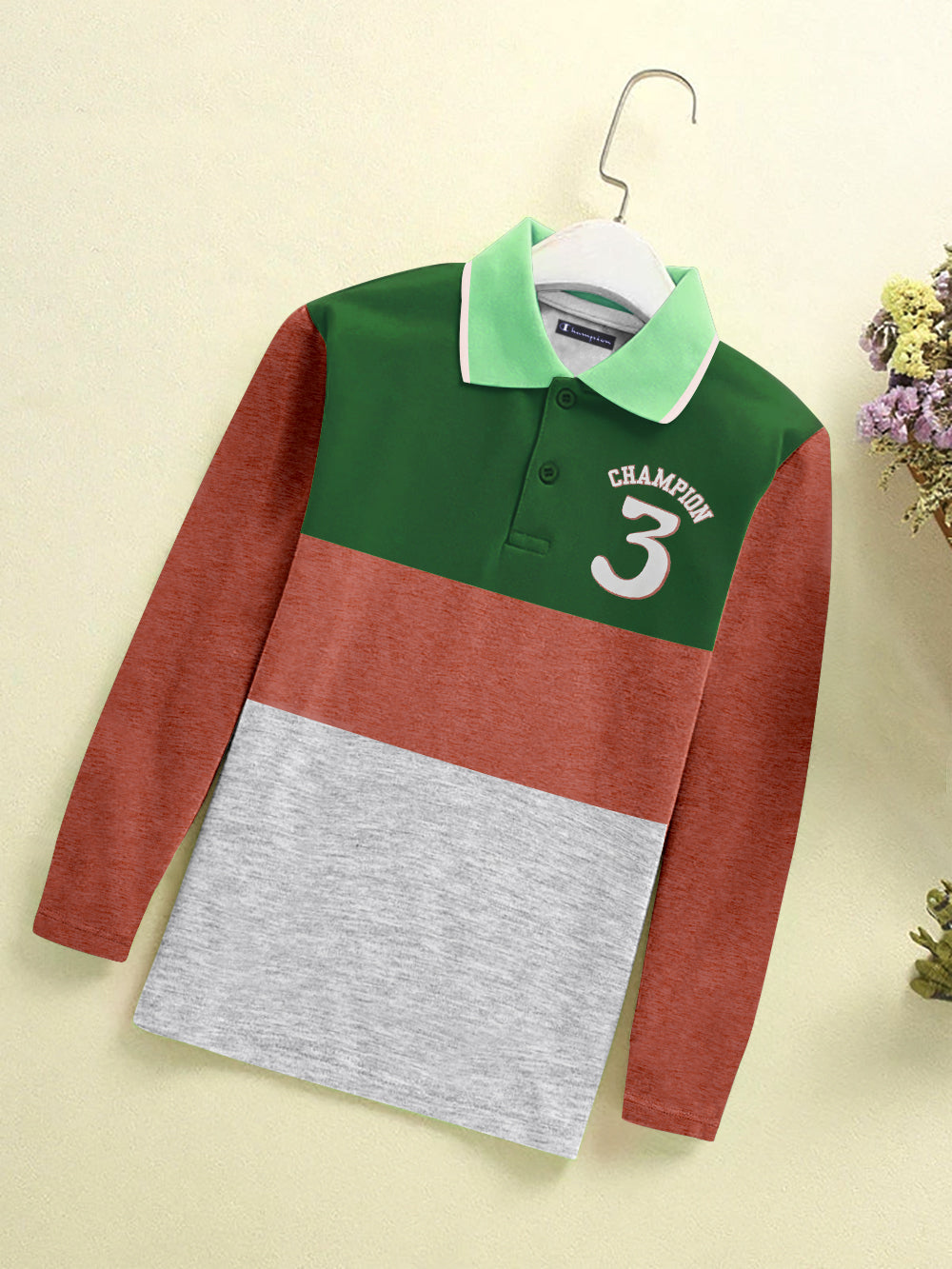 Champion Single Jersey Long Sleeve Polo Shirt For Kids-Green with Brown & Grey Melange Panels-RT979