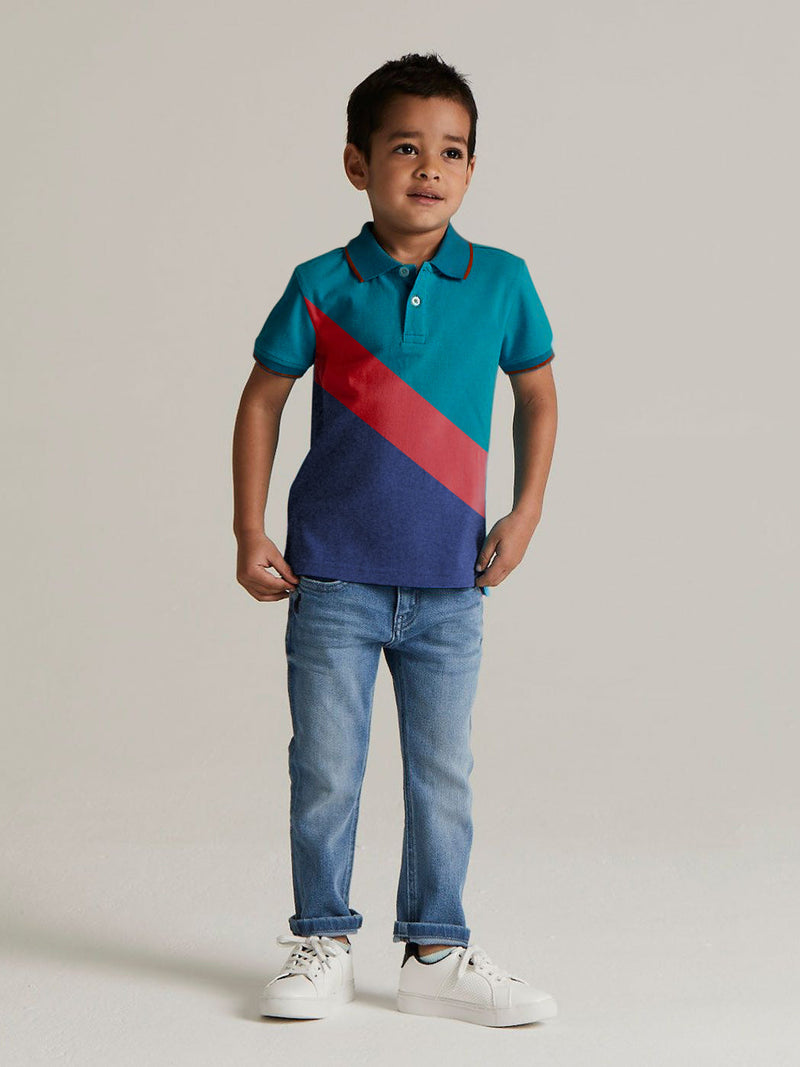Champion Single Jersey Polo Shirt For Kids-Navy with Peach & Dark Cyan Blue Panels-BE14667