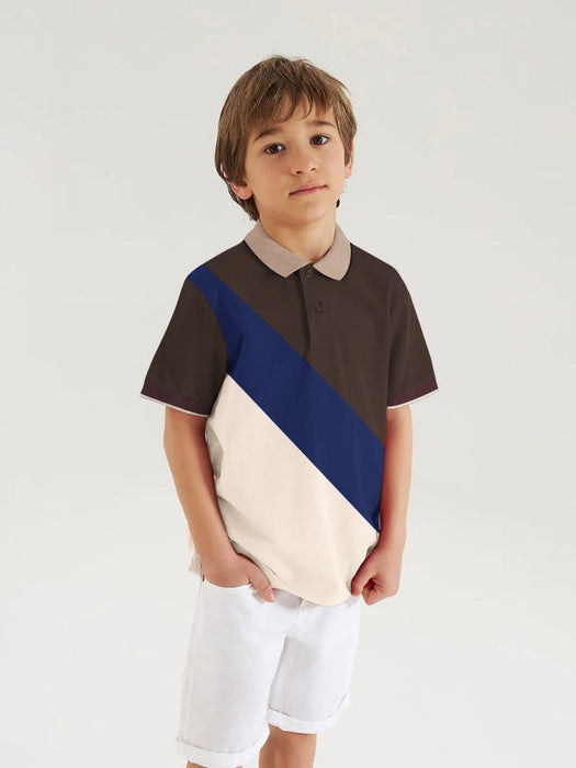 Champion Single Jersey Polo Shirt For Kids-Wheat with Navy & Brown-RT2413