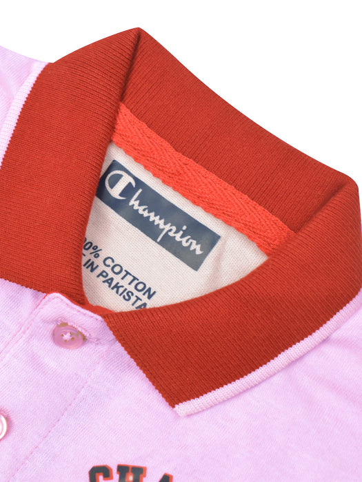 Champion Single Jersey Long Sleeve Polo Shirt For Kids-Pink with Red & Navy Panels-BE14892