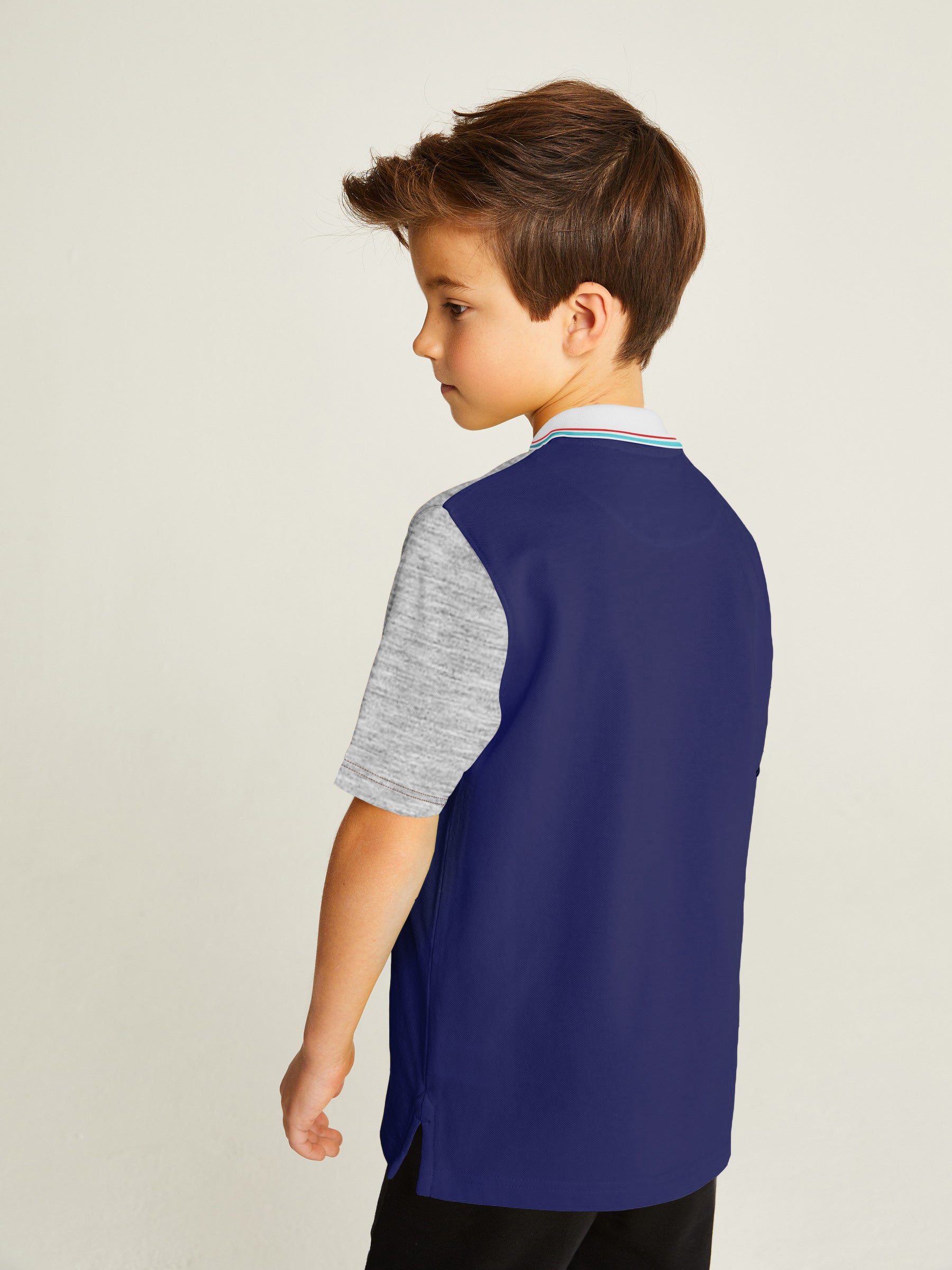 Champion Single Jersey Polo Shirt For Kids-Grey Melange with Brown & Blue Panels-RT889