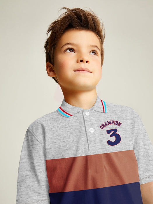 Champion Single Jersey Polo Shirt For Kids-Grey Melange with Brown & Blue Panels-RT889