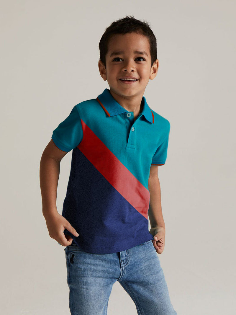 Champion Single Jersey Polo Shirt For Kids-Navy with Peach & Dark Cyan Blue Panels-BE14667