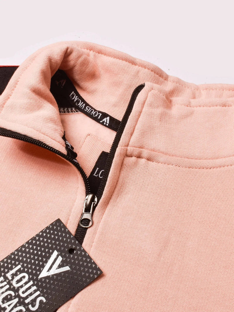 Louis Vicaci Fleece Zipper Tracksuit For Ladies Light Peach with Black Stripe-RT2119
