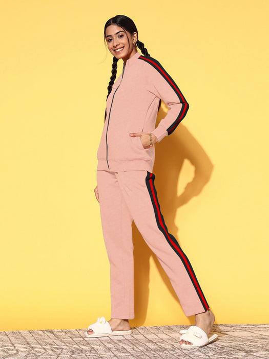 Louis Vicaci Fleece Zipper Tracksuit For Ladies-Dark Pink With Black Stripe-RT1547