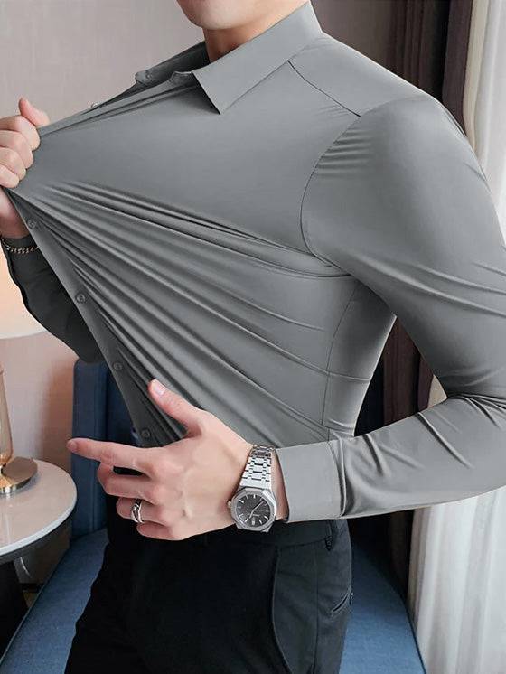 Louis Vicaci Super Stretchy Slim Fit Long Sleeve Summer Formal Casual Shirt For Men-Slate Grey-BE1069/BR13305