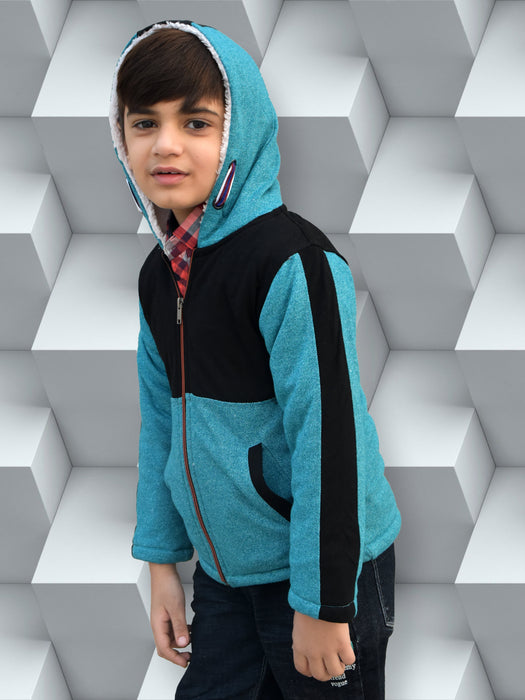 Mango Stylish Inner Fur Zipper Hoodie For Kids-Black & Blue Melange-RT402