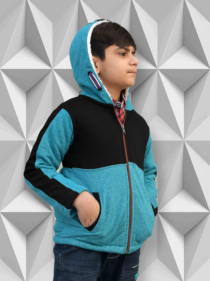 Mango Stylish Inner Fur Zipper Hoodie For Kids-Black & Blue Melange-RT402