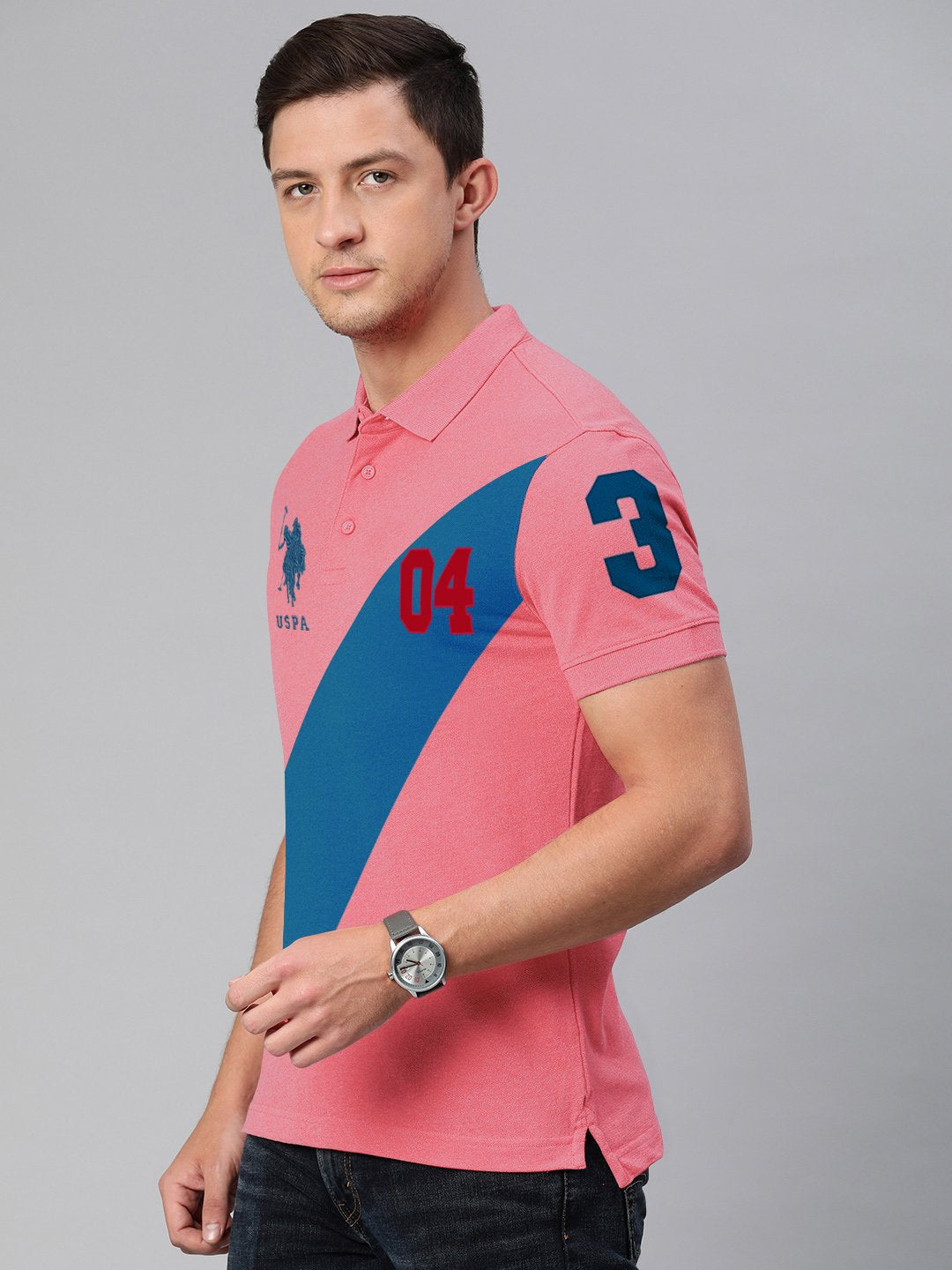 US Polo Muscle Fit Stylish Fashion Shirt For Men-Light Pink With Prussian Blue Panel-BE14694