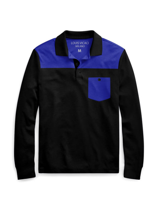 Louis Vicaci Pocket Style Long Sleeve Polo For Men-Black with Blue-RT964