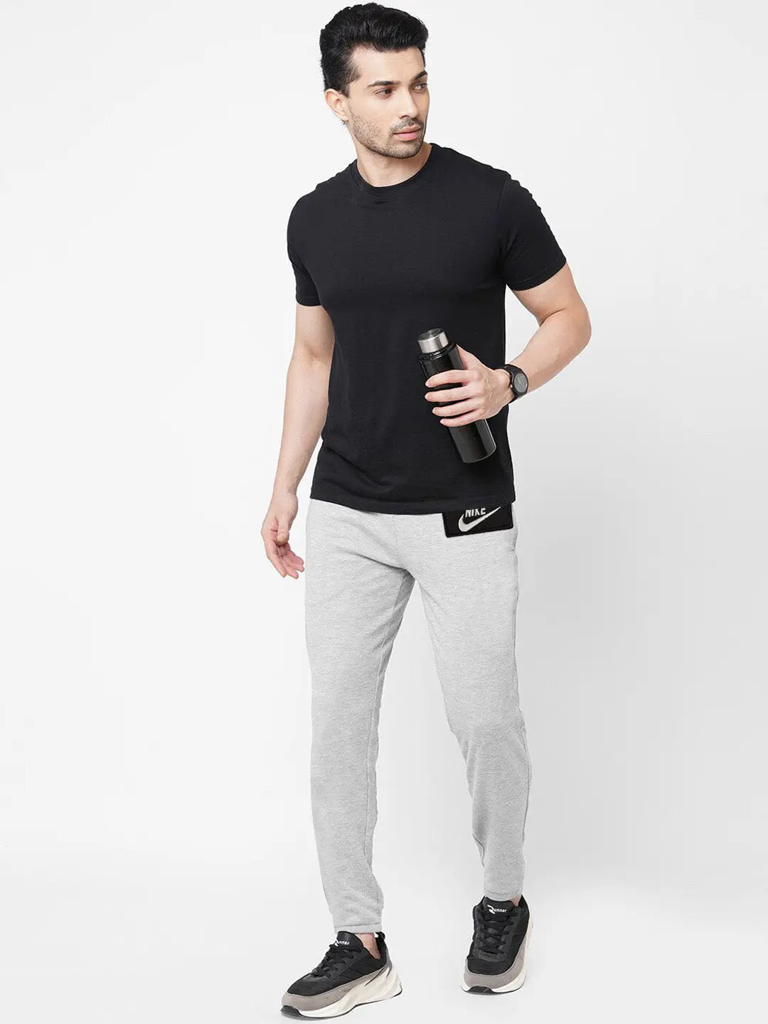 NK Fleece Gathering Bottom Trouser For Men-Grey Melange-BR14319