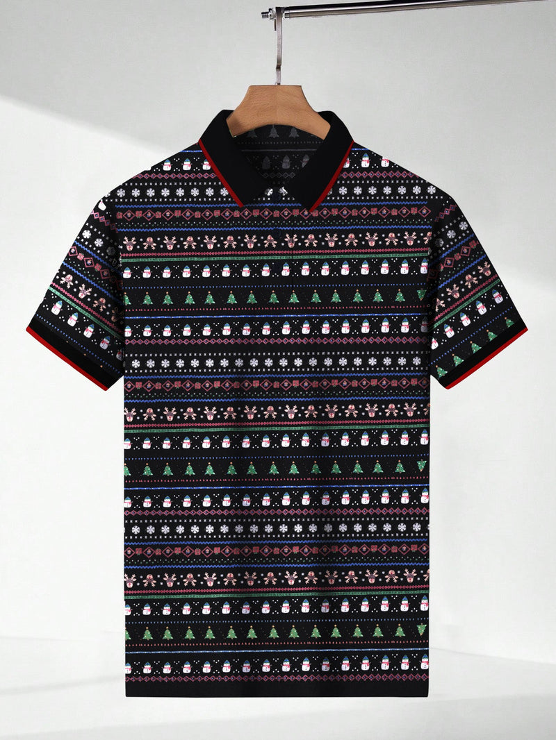 NXT Single Jersey Half Sleeve Polo For Men-Black with Allover Print-BE895/BR13150