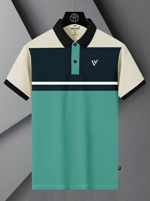 LV Summer Polo Shirt For Men-Aqua Green with Off White & Navy-RT2377
