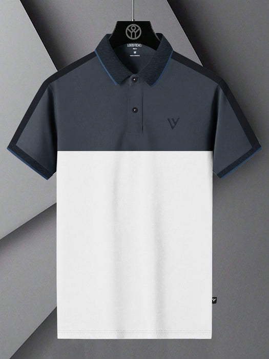 LV Summer Polo Shirt For Men-White with Slate Blue-RT2360