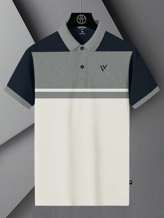 LV Summer Polo Shirt For Men-Off White with Grey & Navy-RT2382