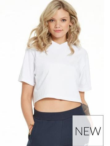 Popular Sport Half Sleeve Crop Hooded Tee Shirt For Women-White-RT595