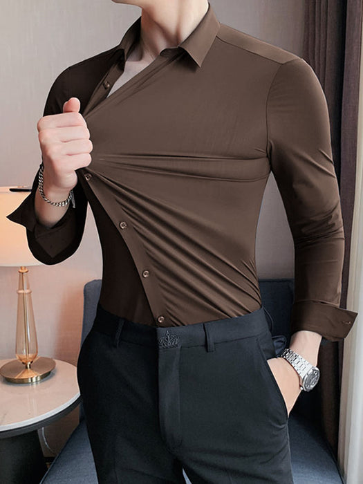 Louis Vicaci Super Stretchy Slim Fit Lycra Summer Formal Casual Shirt For Men-Brown-BR416