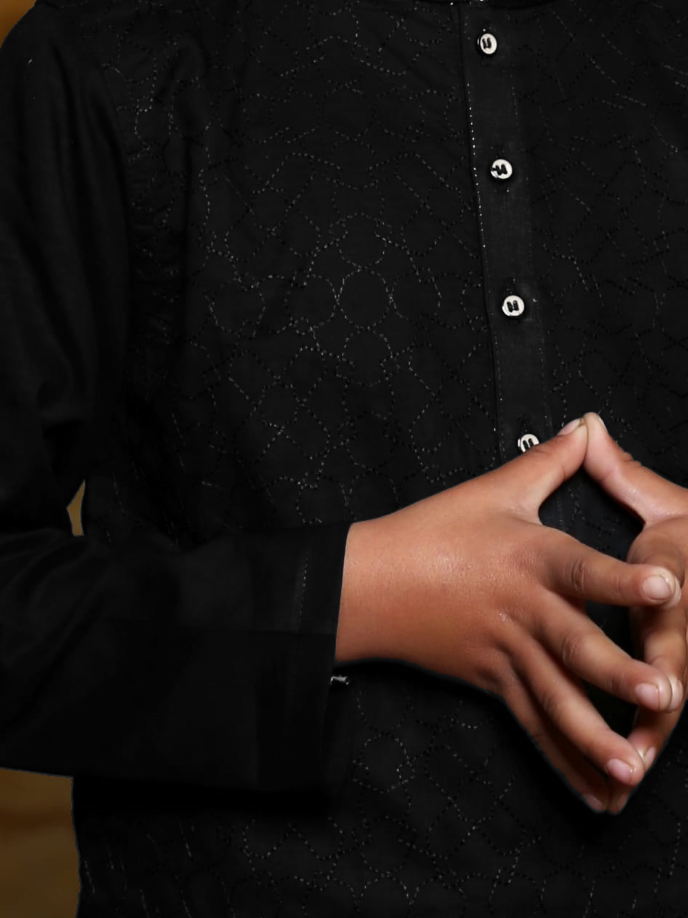 Stitched Kurta For Kids-Black Allover Textured-VL0043