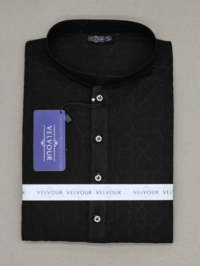 Stitched Kurta For Kids-Black Allover Textured-VL0043