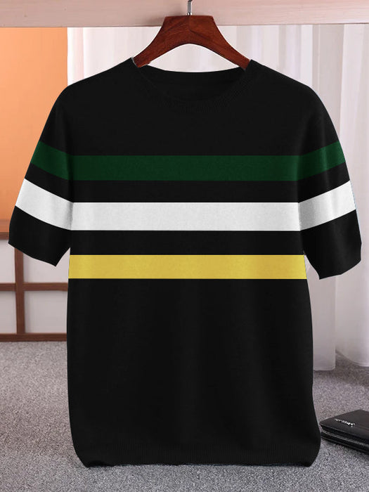 Full Fashion Short Sleeve Crew Neck Sweater For Men-Black With Stripes-RT2242