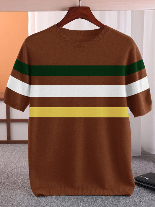Full Fashion Short Sleeve Crew Neck Sweater For Men-Light Brown With Stripes-RT2243