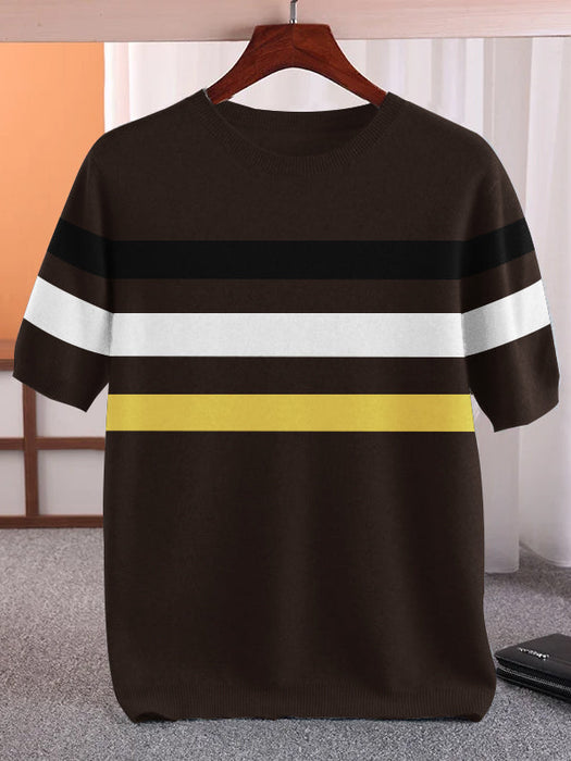 Full Fashion Short Sleeve Crew Neck Sweater For Men-Brown With Stripes-SP1099/RT2241