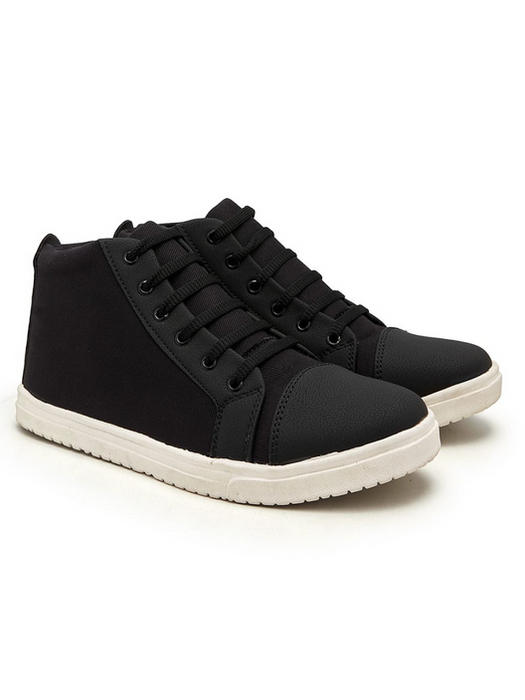 Faux Leather Long Sneakers Shoes For Men's-Black-SP6183