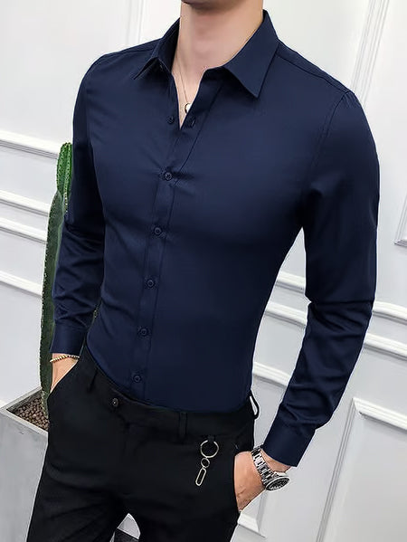 Louis Vicaci Super Stretchy Slim Fit Lycra Casual Shirt For Men-Dark Blue-RT1910