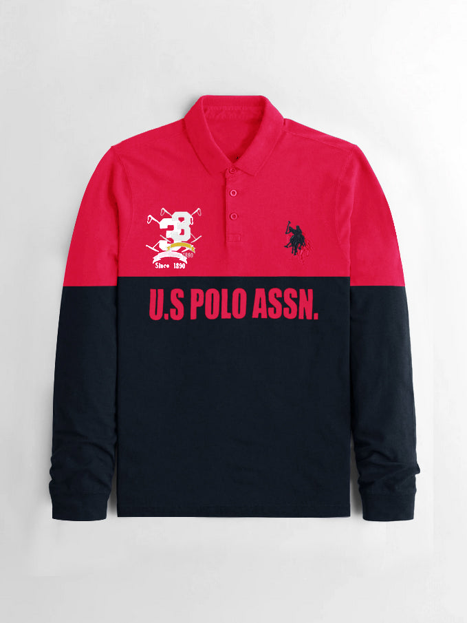 U.S.P.A Long Sleeve Polo Shirt For Men-Dark Red & Navy-SP6448