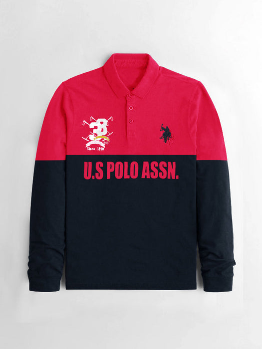 U.S.P.A Long Sleeve Polo Shirt For Men-Dark Pink & Navy-SP6448