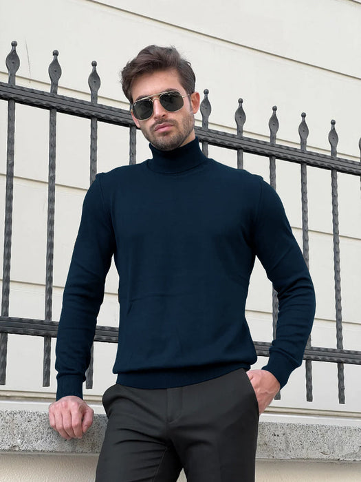 Full Fashion Wool Turtleneck Sweatshirt For Men-Navy-RT2212