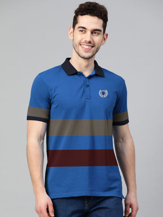 Summer Polo Shirt For Men-Blue With Grey & Burgundy Striper-RT393